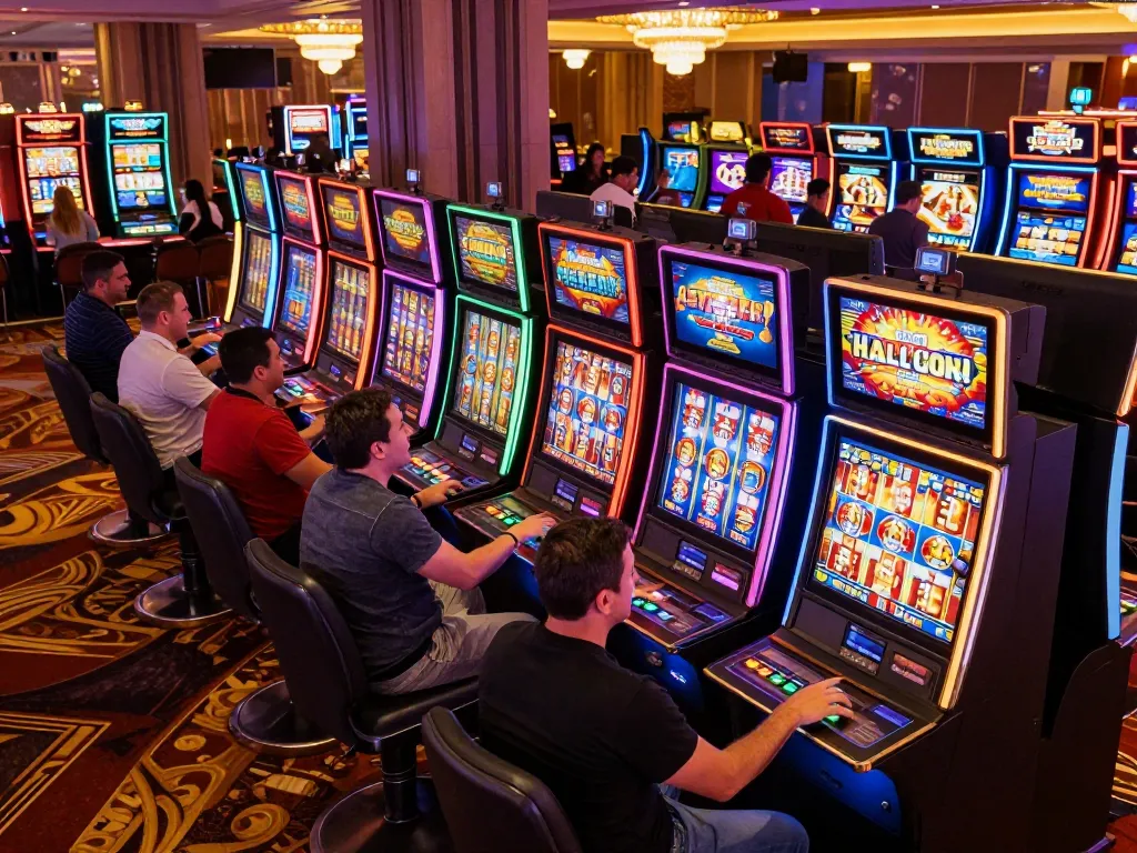 Players engaging with vibrant slot gacor machines, excitement under warm casino lighting, showcasing thrilling gaming experience.