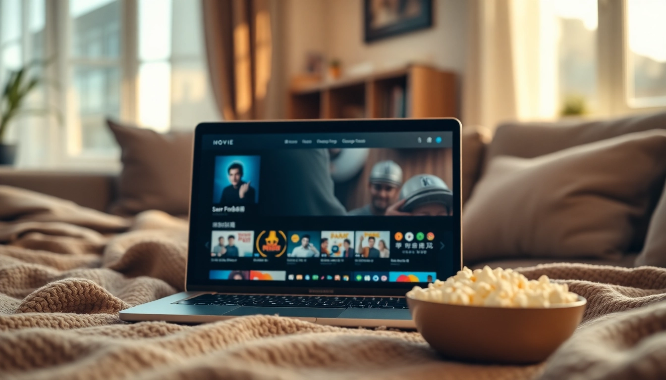 Enjoy ดูหนังออนไลน์ on a sleek laptop in a cozy, inviting living room with warm lighting.