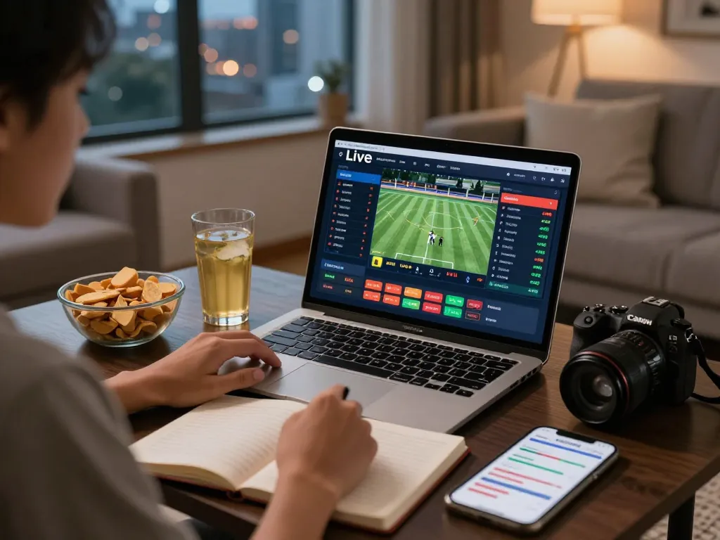 PUB88 user engaging in live sports betting action on a laptop in a cozy home setting.