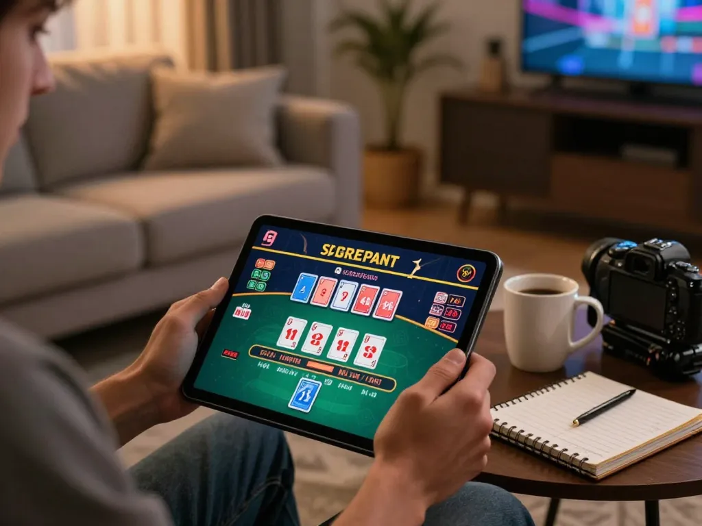 Engaging player enjoying 789club mobile blackjack game on tablet in cozy home setting.