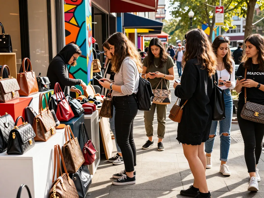 Shopping at a vibrant 레플리카 사이트 with friends, showcasing trendy replica products in an urban setting.