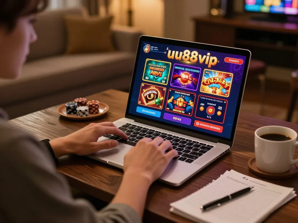 Player enjoying uu88 vip promotions on a laptop in a cozy home casino setup.
