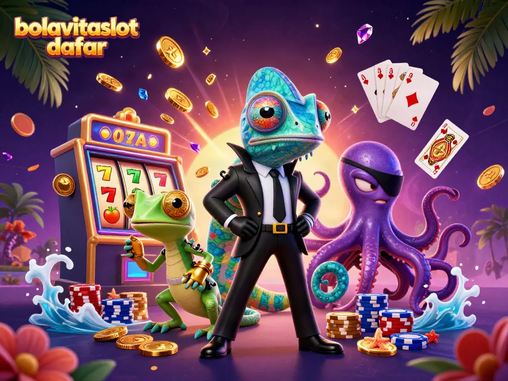 Experience excitement with bolavitaslot daftar, featuring cartoon characters amidst cascading coins and slots