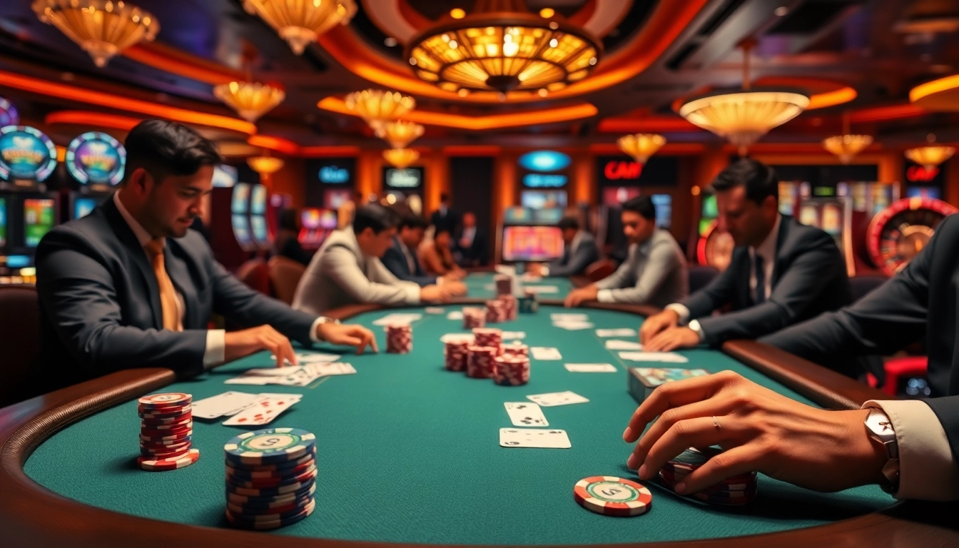 Permainan situs poker yang menarik di kasino mewah, menampilkan chip poker dan meja yang diterangi.