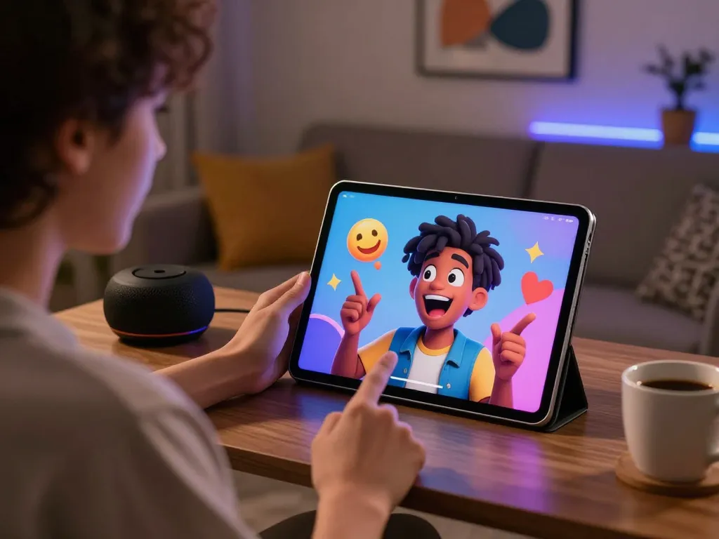 Engaging nsfw ai interaction on a tablet with vibrant character animations in a cozy environment.