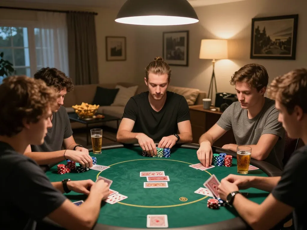 KQBD home poker night with friends strategizing their bets around a round table