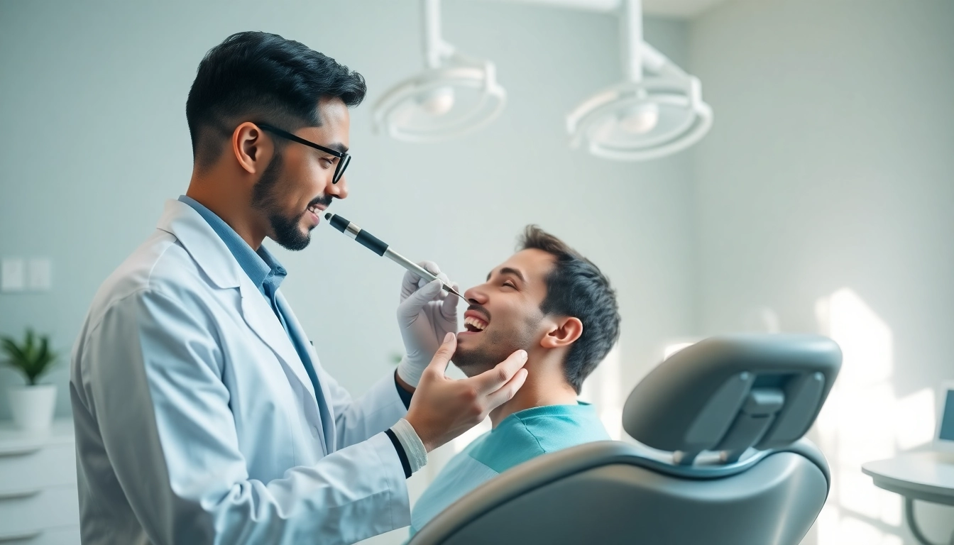 Orthodontist near by me checks patient dental health in a modern clinic.