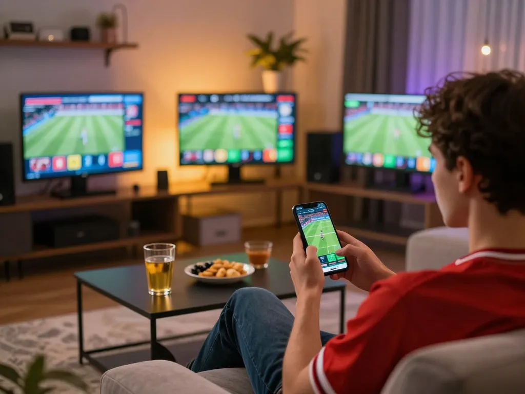 Sbobet sports betting experience on mobile app with cozy home setting and snacks.