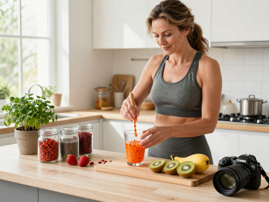 Health enthusiast blending a smoothie with astaxanthin softgels in a bright kitchen.