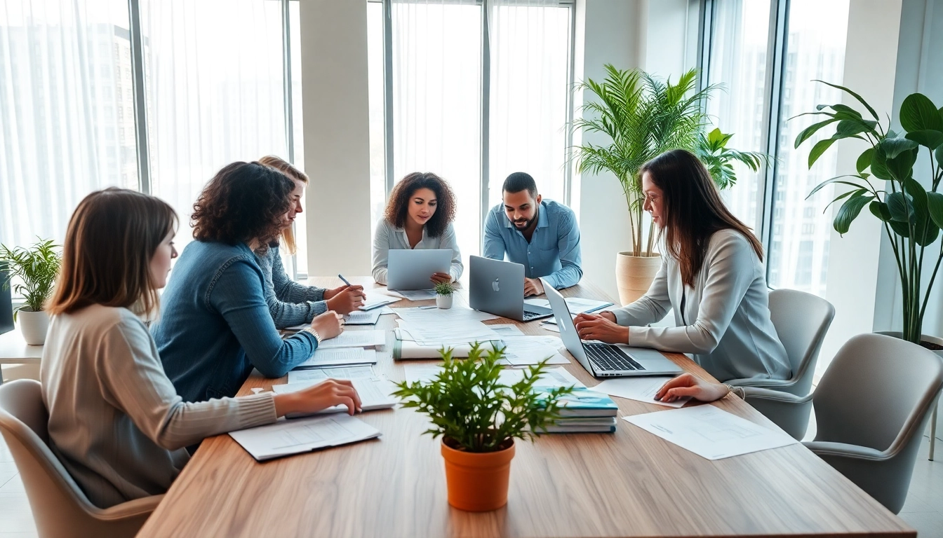 Engaging scene of diverse professionals in Proposal Writing and Management discussion, showcasing teamwork.