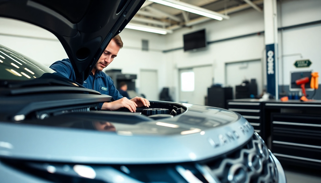 Land Rover Service expert intensely examining a vehicle engine in a modern workshop.
