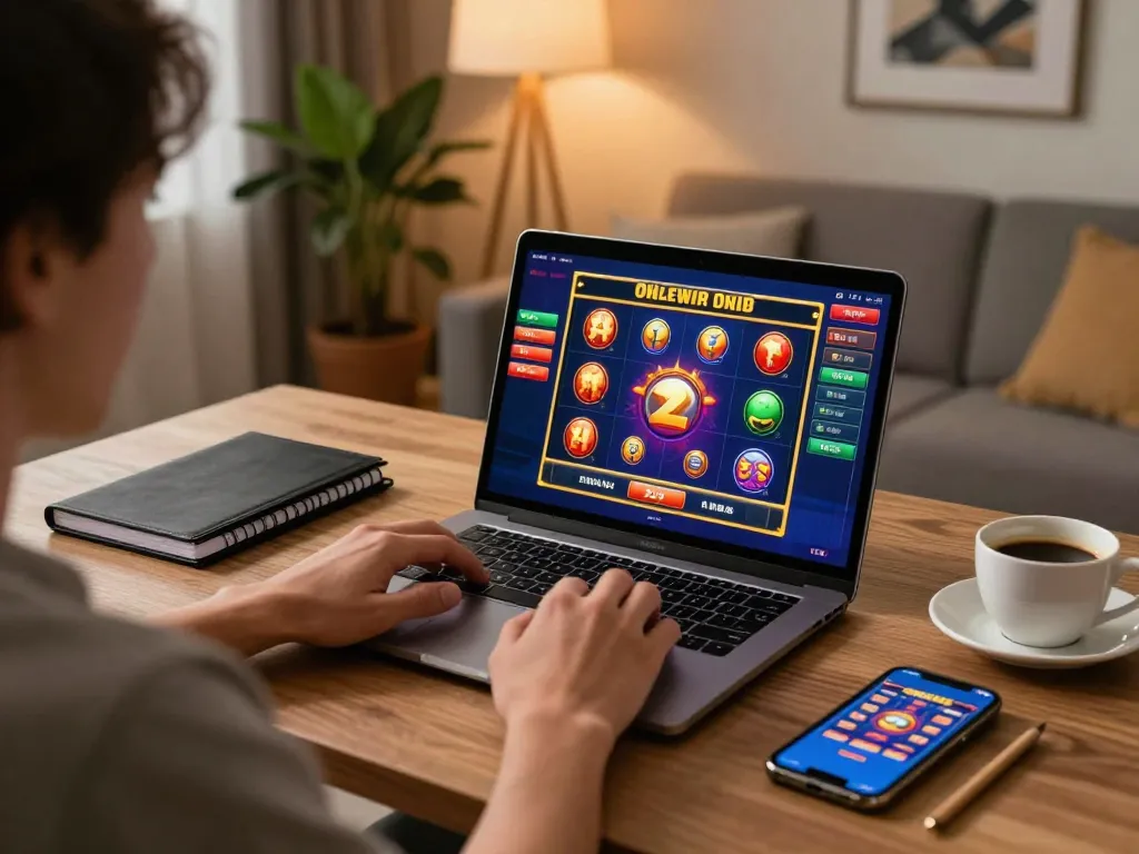 Playing online with slot deposit 2rb using laptop and smartphone at a cozy desk.