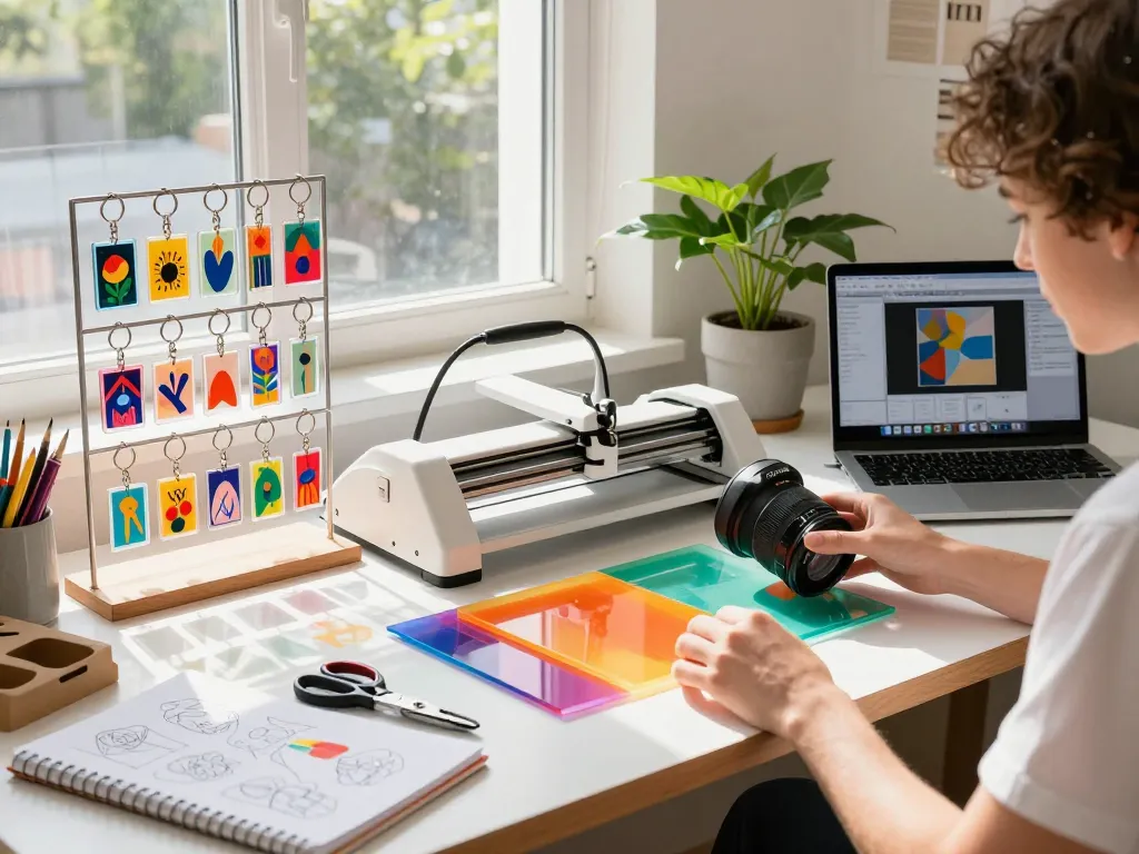 Bright creative workspace illustrating custom acrylic keychains design process with colorful materials and tools.