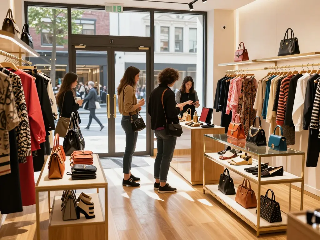 Shopping experience for luxury 레플리카 items in a stylish urban boutique.