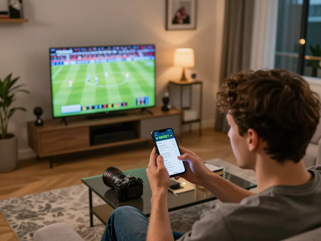 SBOBET user excitedly placing bets on live football match in cozy home setting