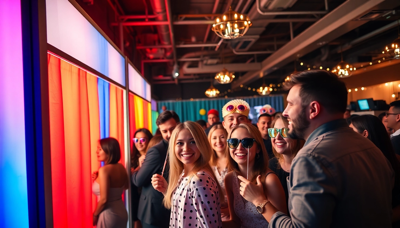 Crowd enjoying a photo booth Chicago experience with vibrant props and lively atmosphere.