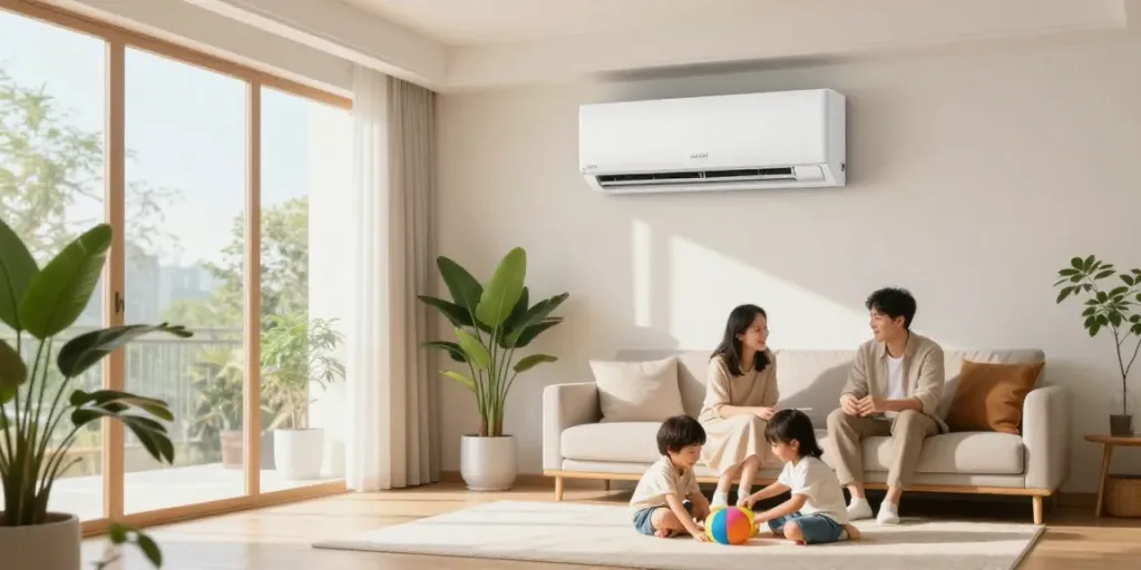 Cozy living room with an 18000 BTU mini split air conditioning unit, family enjoying time together.