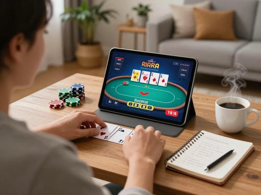 Play poker online with PUB88 on a tablet, showcasing strategic gameplay and responsible gambling at home.