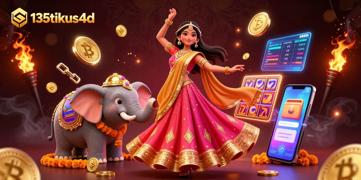Experience the excitement of 135tikus4d online gambling with vibrant, engaging visuals of slot reels and cryptocurrencies.