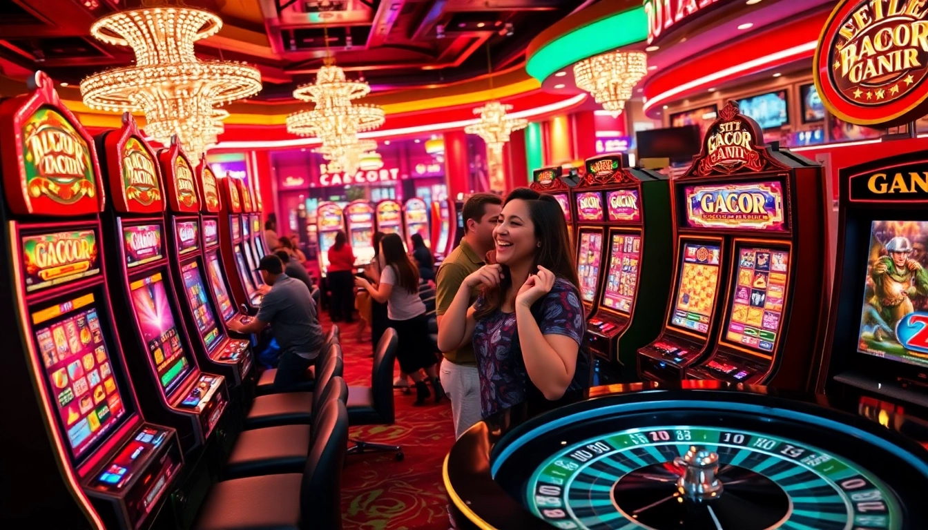 SLOT GACOR players enjoying vibrant casino floor with colorful slot machines and excitement.
