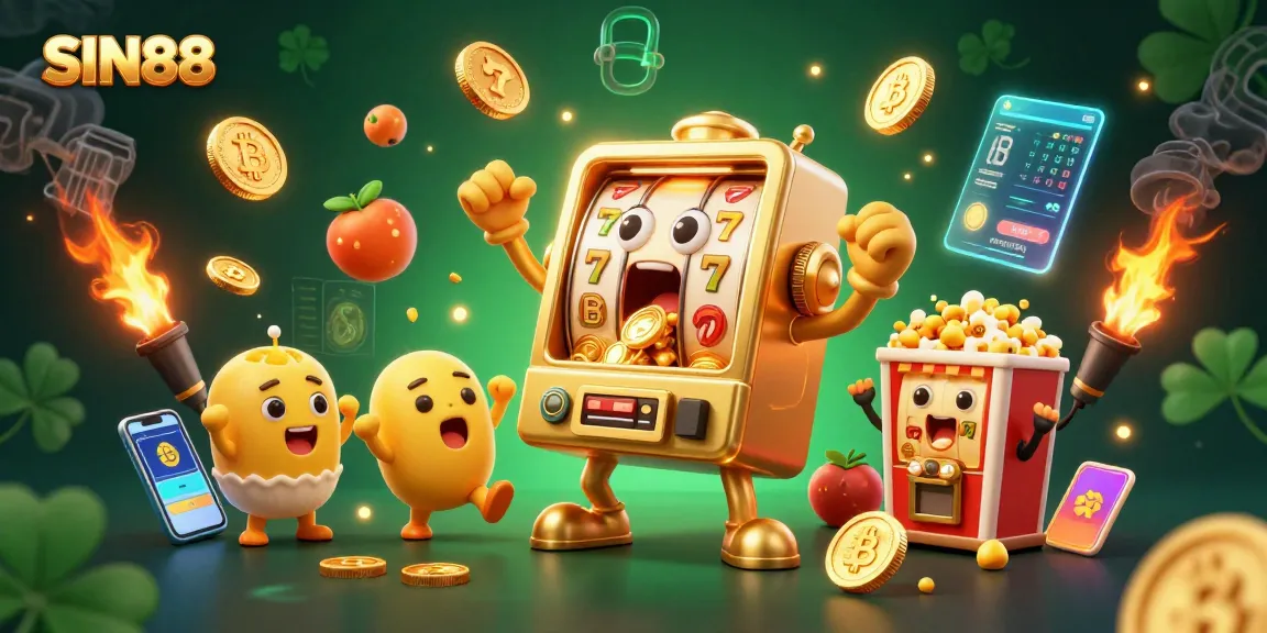 SIN88 slot machine celebrates a jackpot explosion, surrounded by cheering machines and Bitcoin coins