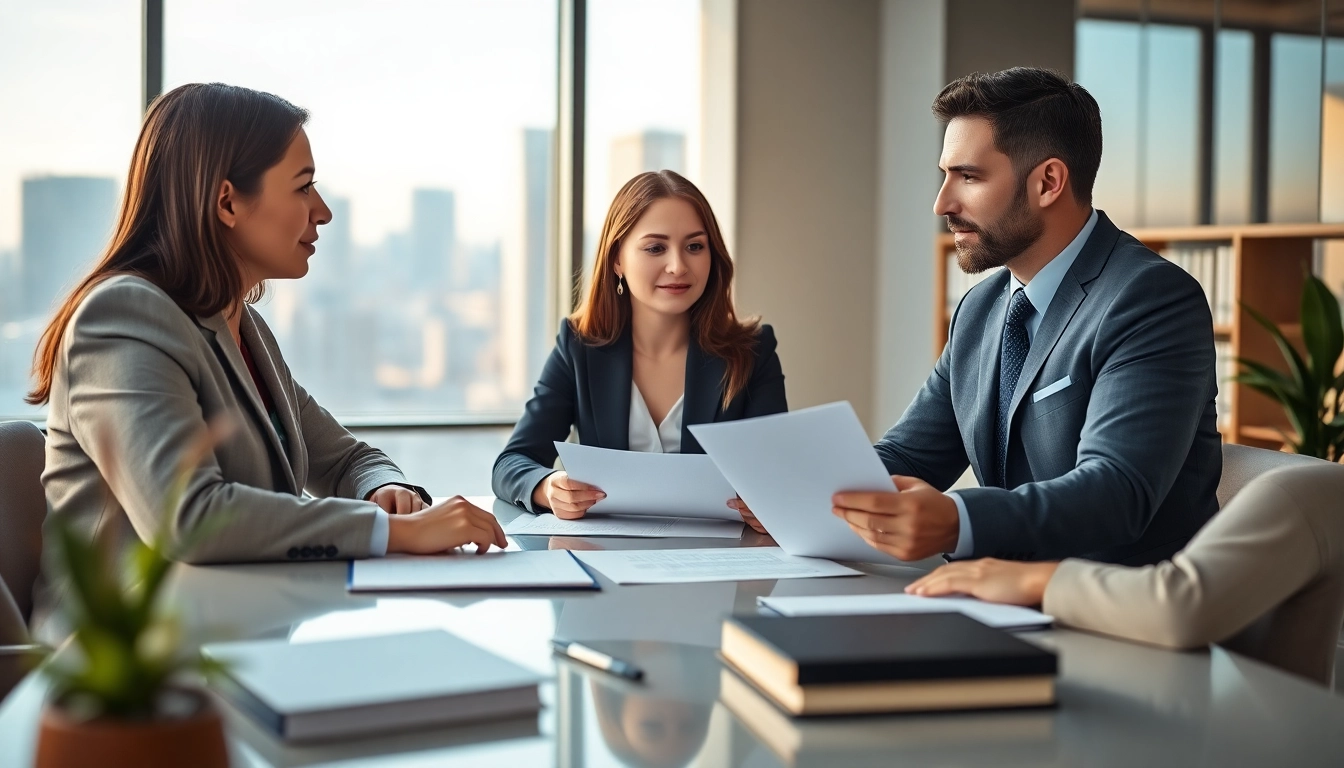 Discussing Family Law Financial Agreements in a modern office with a lawyer and clients.