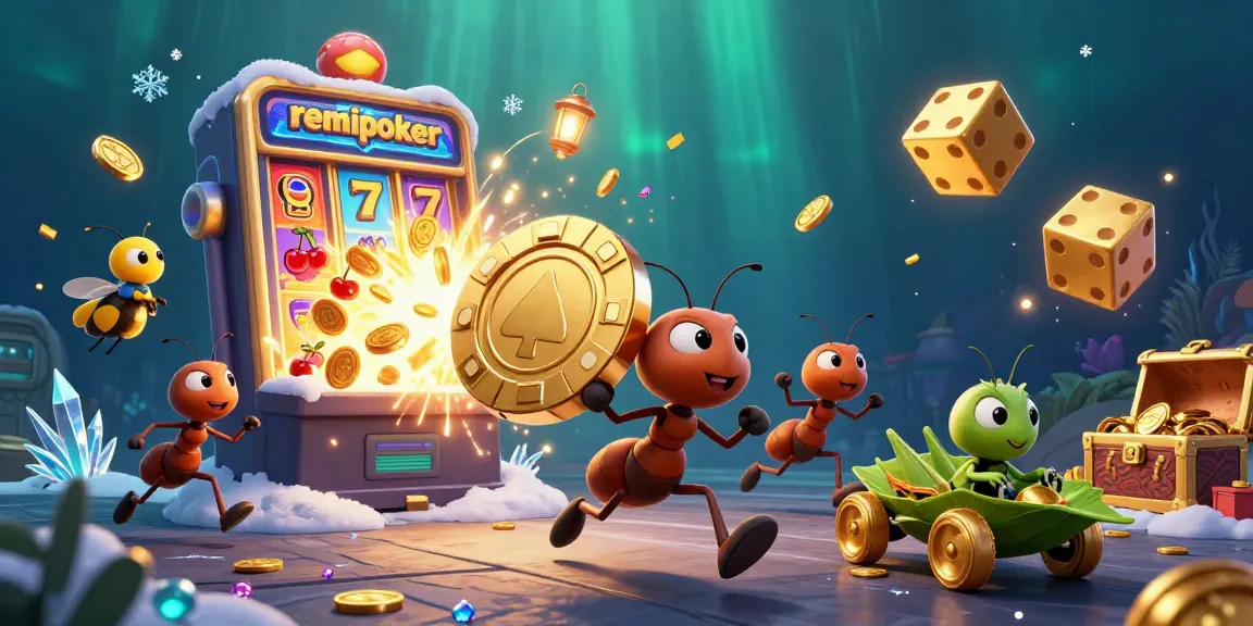 Experience winning at RemiPoker with a fantasy scene of cartoon ants and gambling elements.