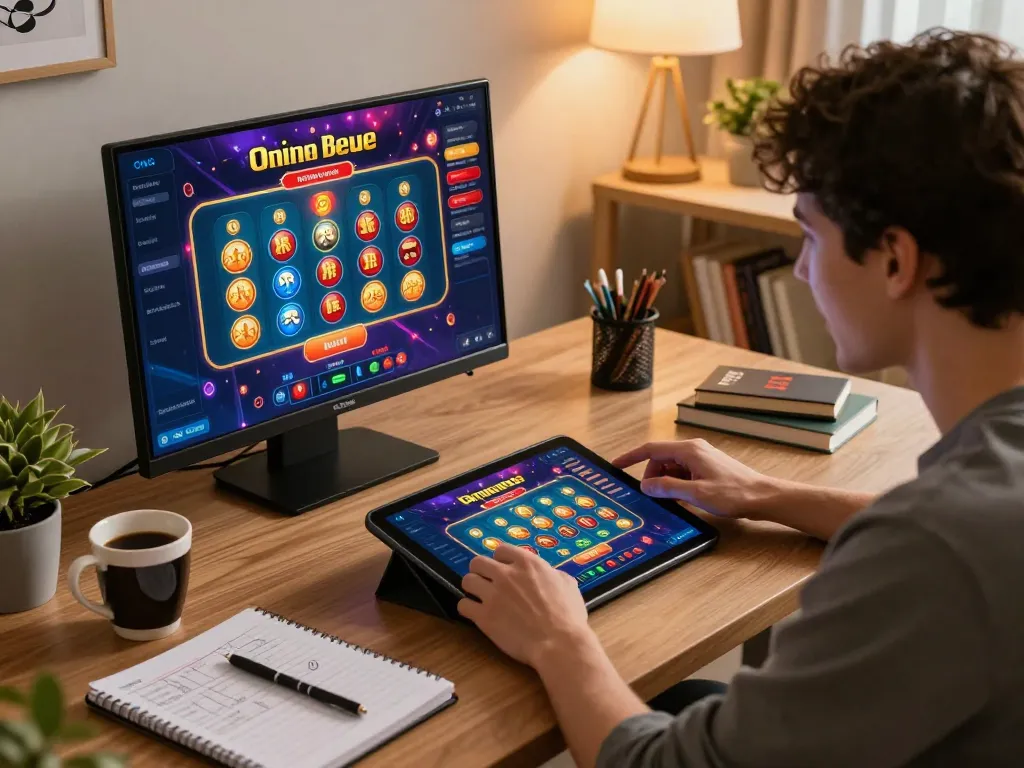 Engaged player on okwin app enjoying online casino gaming from home, focusing on strategy and excitement
