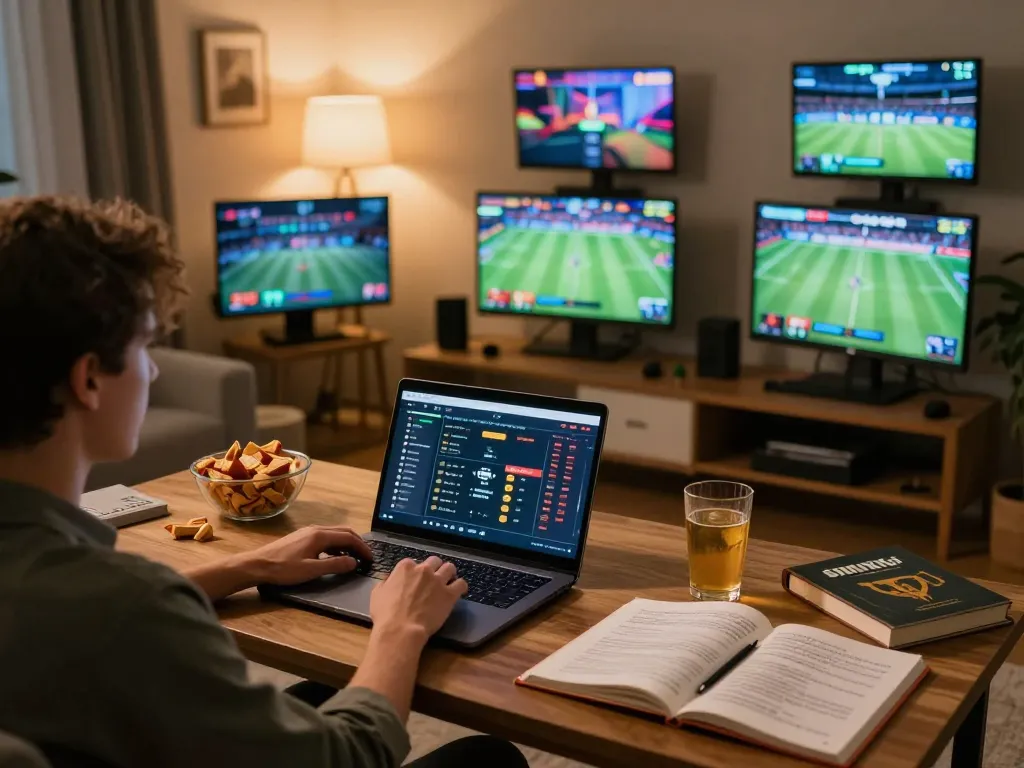 KQBD - Engaging in online sports betting with a laptop and multiple screens showcasing games.