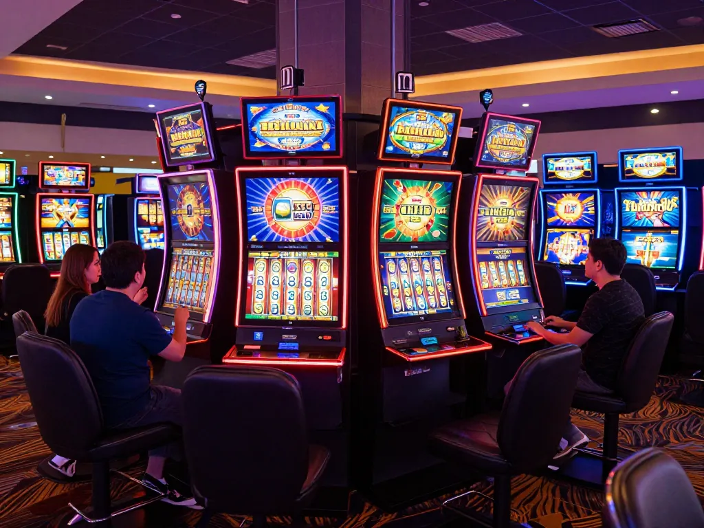 Players spinning the reels on vibrant SLOT machines in a lively casino atmosphere.