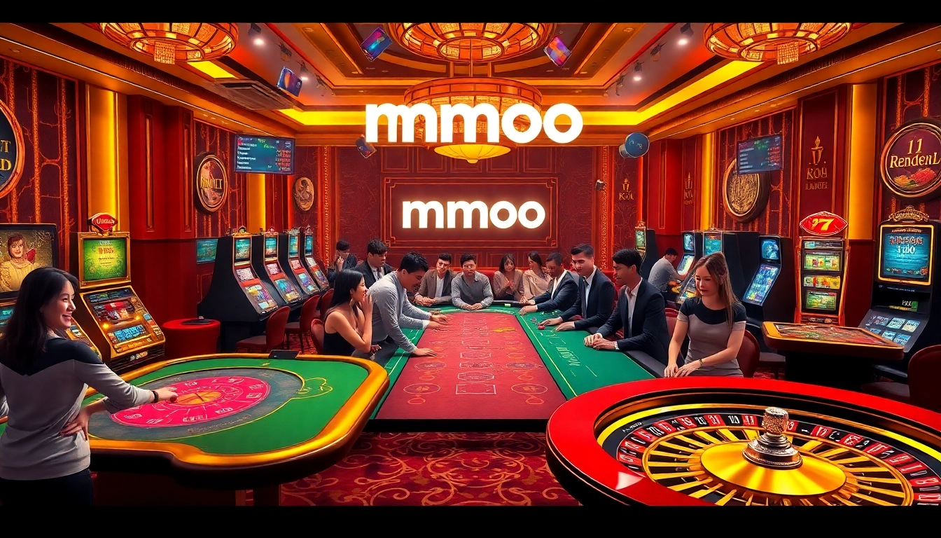Gamblers enjoying diverse games at a luxurious casino scene, highlighted by mmoo branding, showcasing excitement.