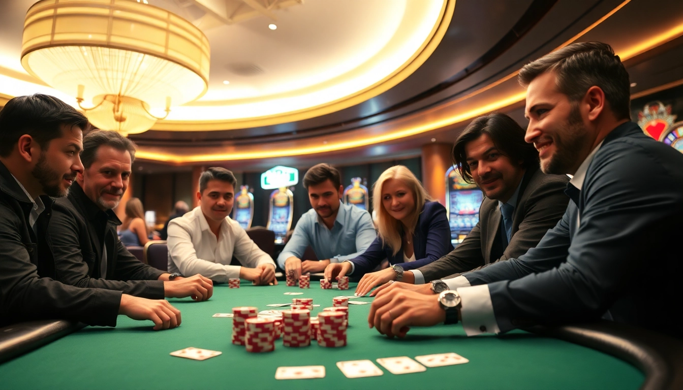 Permainan poker di casino online yang ramai, menampilkan suasana energi dan fokus para pemain.