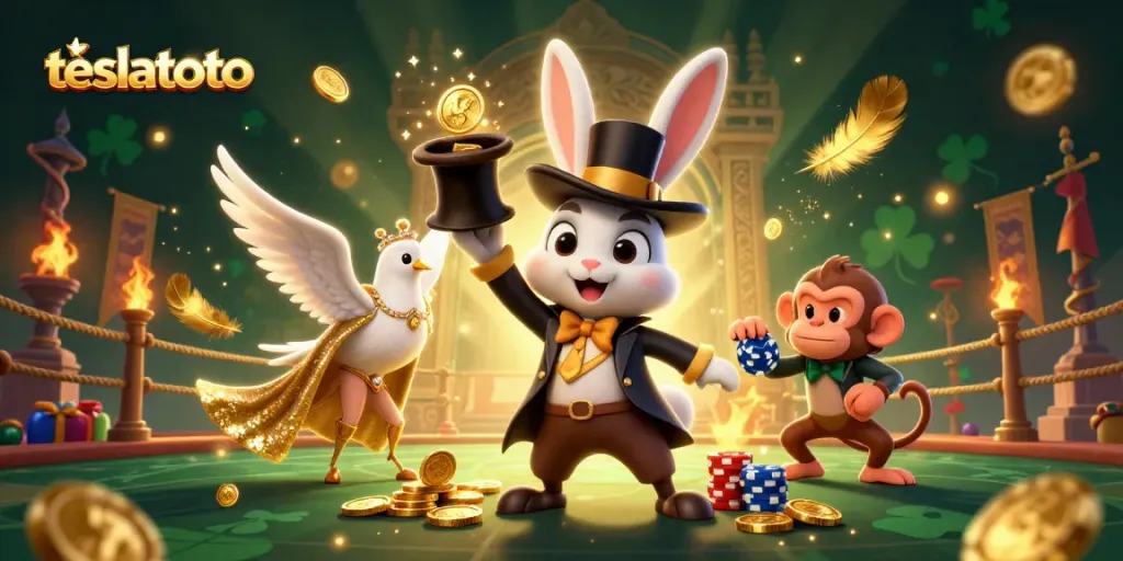 Experience the thrill of teslatoto as the magician rabbit unveils treasures in a vibrant casino scene.