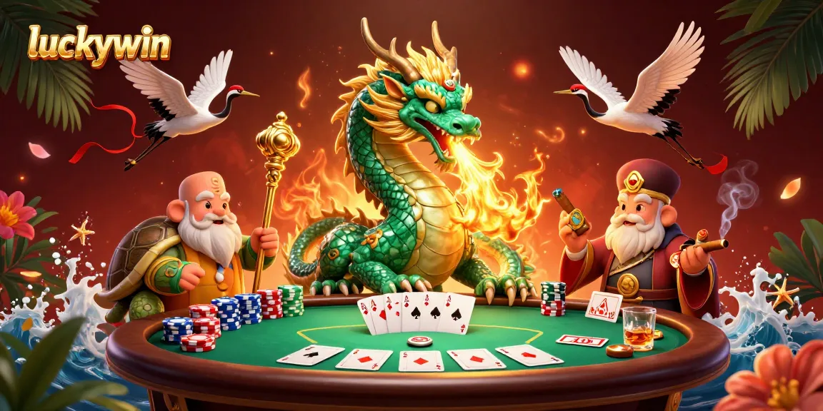 Experience luck with the Luckywin jade dragon in a vibrant casino scene filled with poker elements.