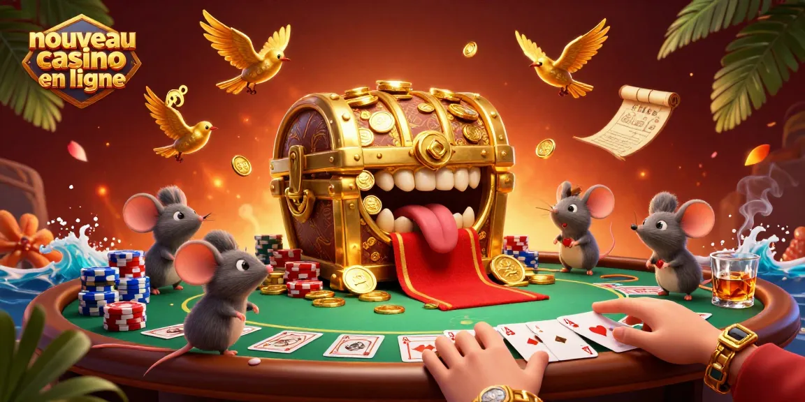 Jouez au nouveau casino en ligne avec un trésor et des cartes de poker, ambiance festive.