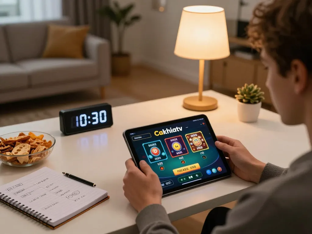 Cakhiatv user enjoying online betting on tablet during cozy home gaming session