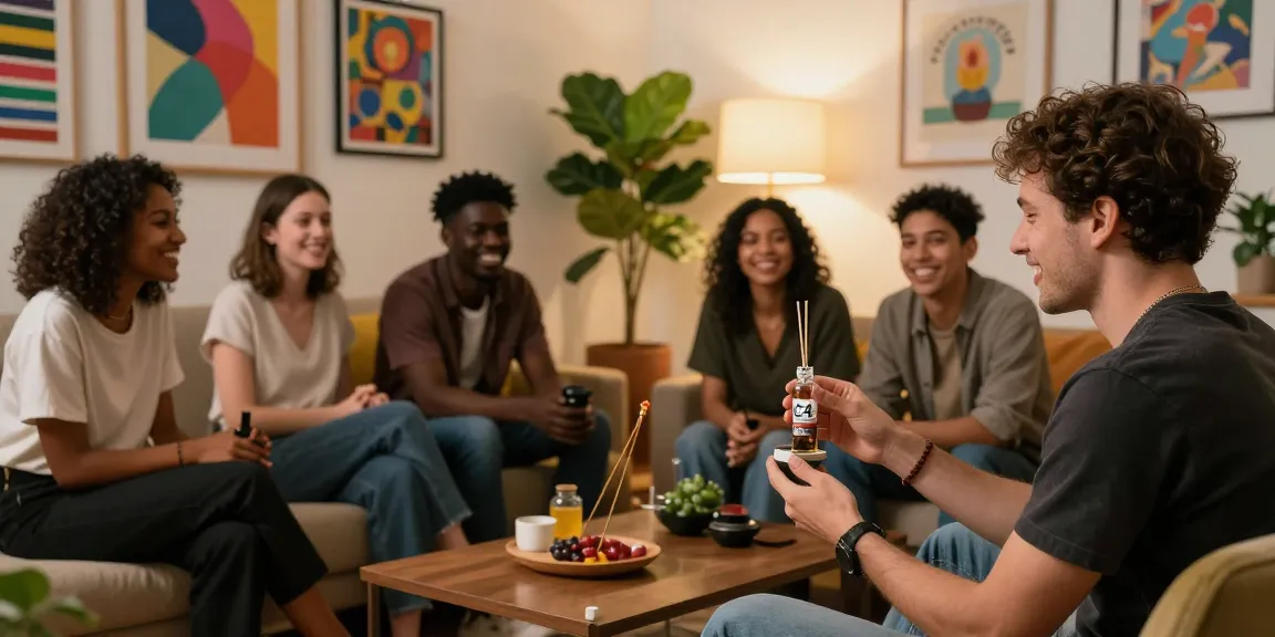 C4 liquid incense review scene with friends enjoying in a cozy apartment.