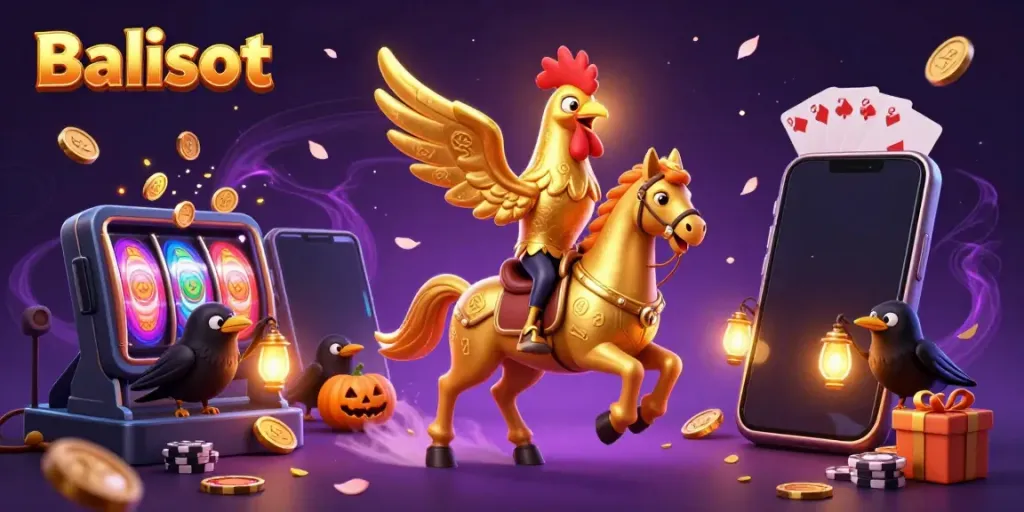 Balislot's golden rooster and spectral horse light up the midnight casino with exciting slot game elements.