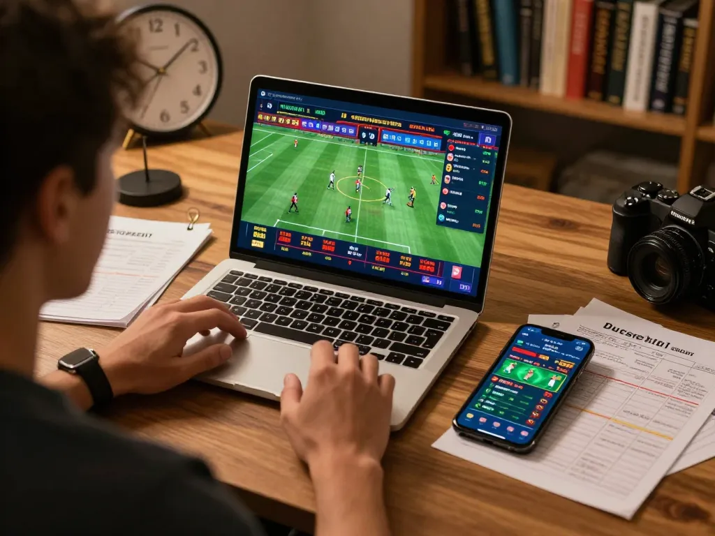 Engaged player using nhà cái 28bet app on a laptop, dynamic sports betting scene