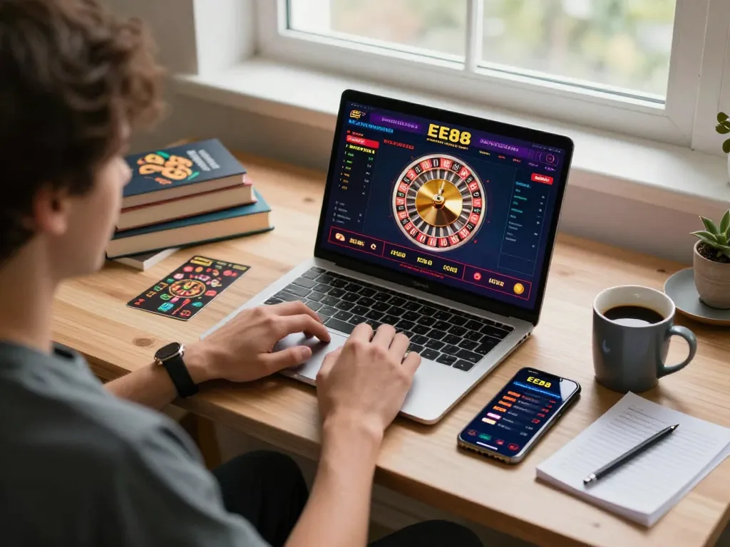Engaging in online gameplay on EE88 casino app with a cozy setup and focused atmosphere