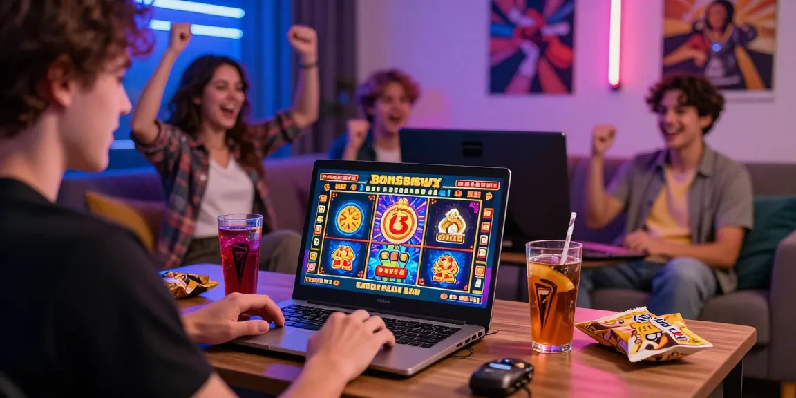 Engaging scene of a player enjoying pragmatic play bonus buy slots with friends in a vibrant online casino atmosphere.