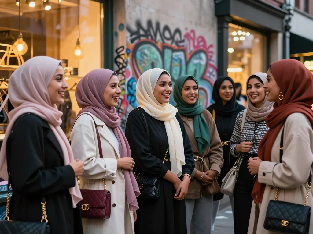 Women showcasing stylish hijabs in a vibrant urban setting