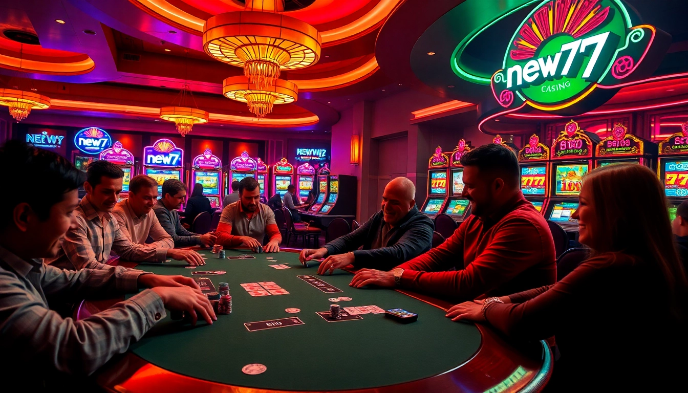 Excited players strategizing at a luxurious poker table in a vibrant casino, showcasing new77.