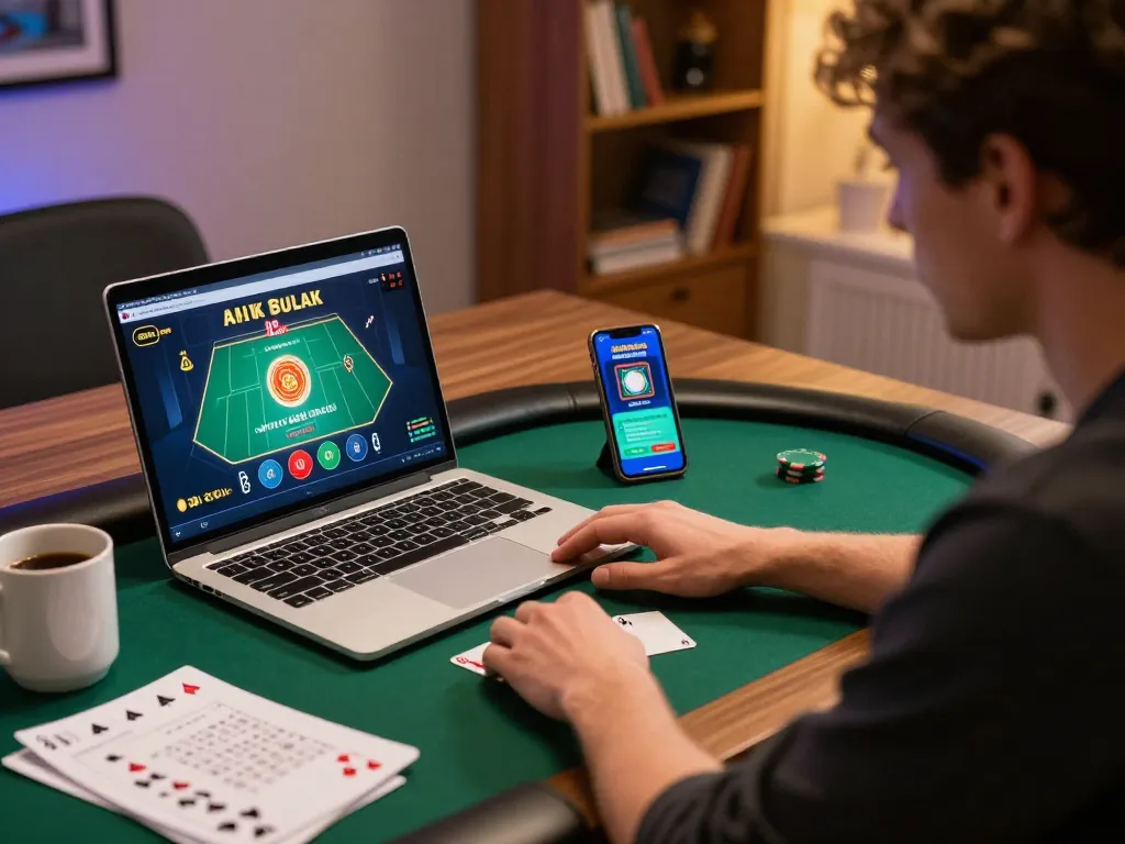 Player enjoying RR88 online poker while analyzing betting strategies at home