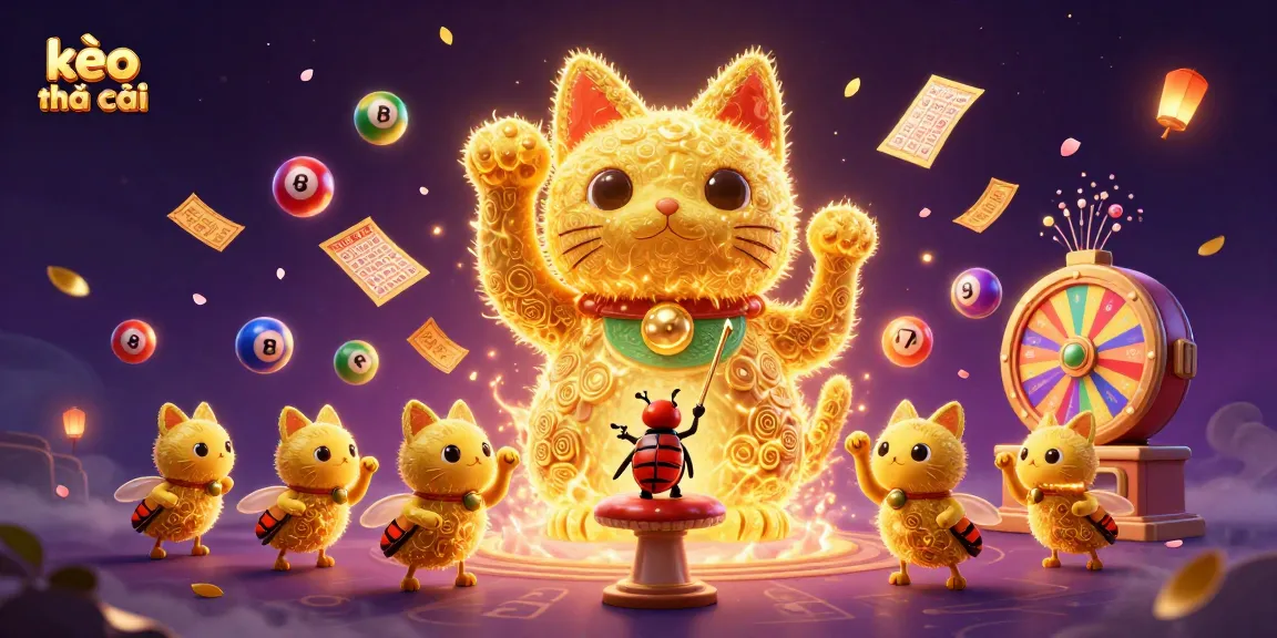 Engage with kèo nhà cái in a vibrant 3D scene featuring a lucky cat and lottery elements.