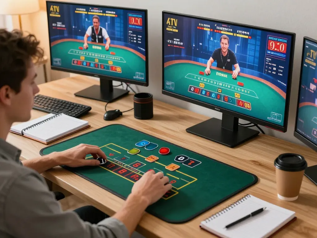 Player managing da88 online blackjack bets with focused strategy in a cozy home setup