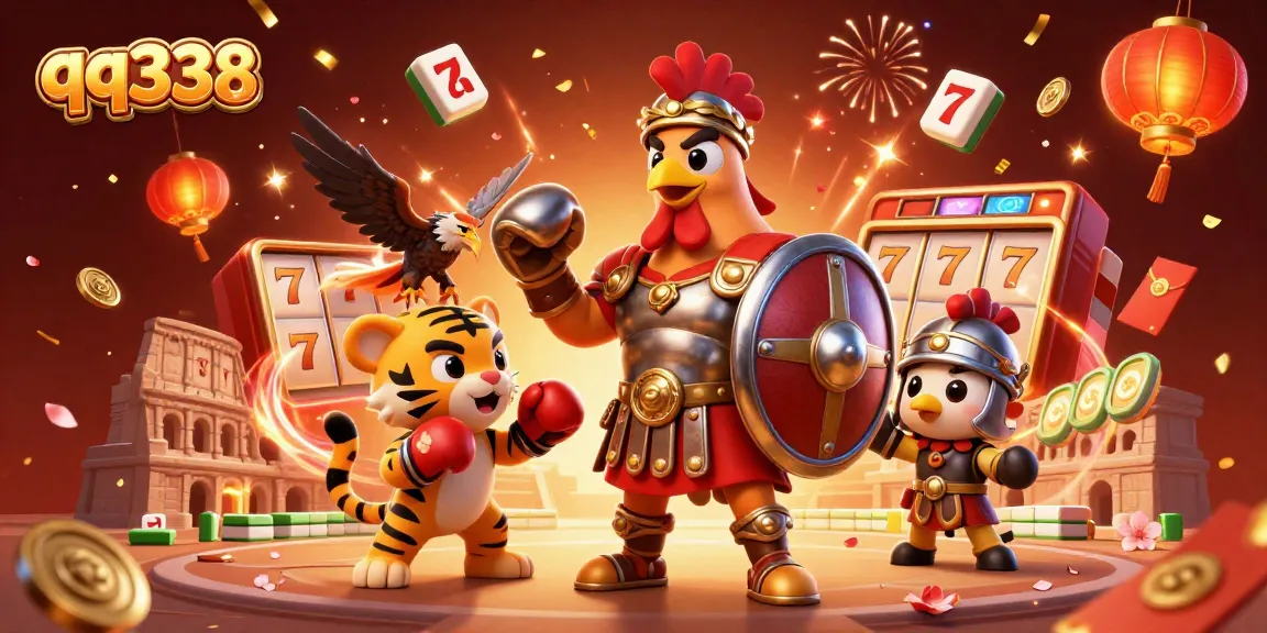 Experience thrilling action at qq338 with a gladiator rooster and slot game elements in a vibrant arena