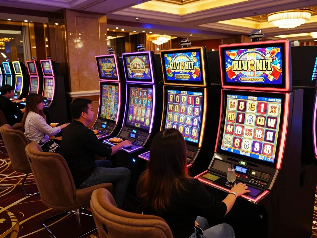 Players celebrating wins at colorful gajah toto slot machines in an upscale casino atmosphere.