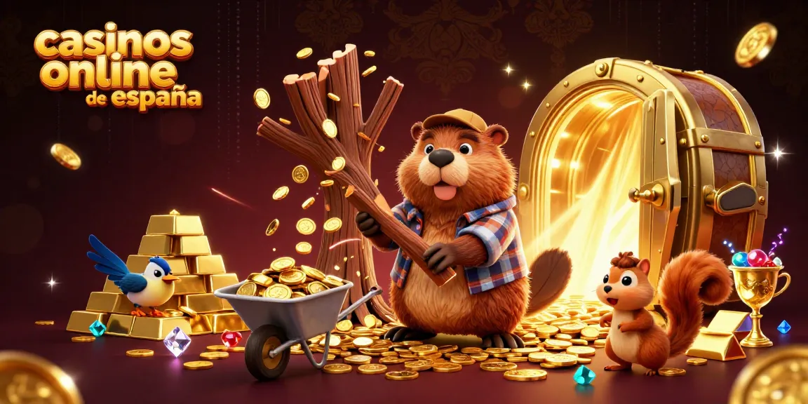 Visualiza los casinos online de España con un castor leñador recolectando monedas de oro.