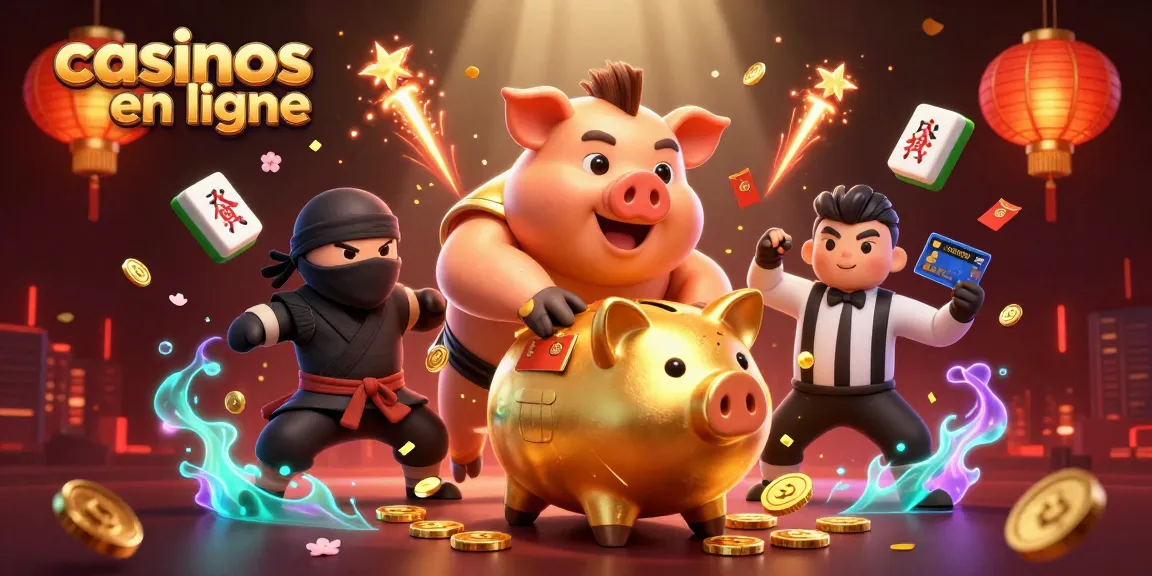 Illustration de casinos en ligne avec un cochon d'or sumo, un ninja et un samouraï, jouant dans un environnement dynamique.
